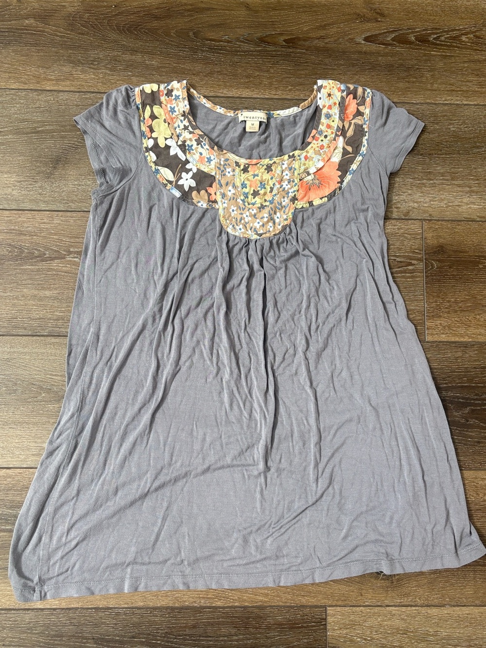 Gray Tunic with Multicolor Floral Yoke